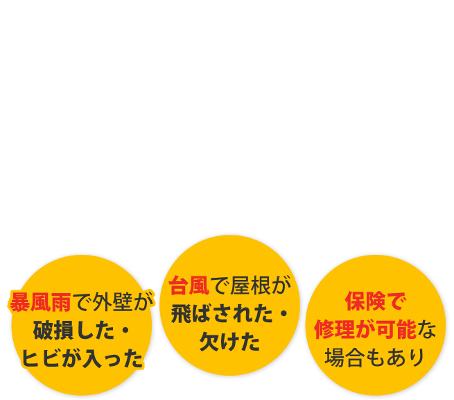 暴風雨で外壁が破損した・ ヒビが入った・台風で屋根が 飛ばされた・ 欠けた・保険で 修理が可能な 場合もあり